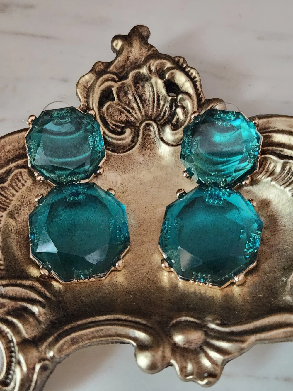 Teal Double Octagon Statement Earrings Gold and Blue Crystal Dangling